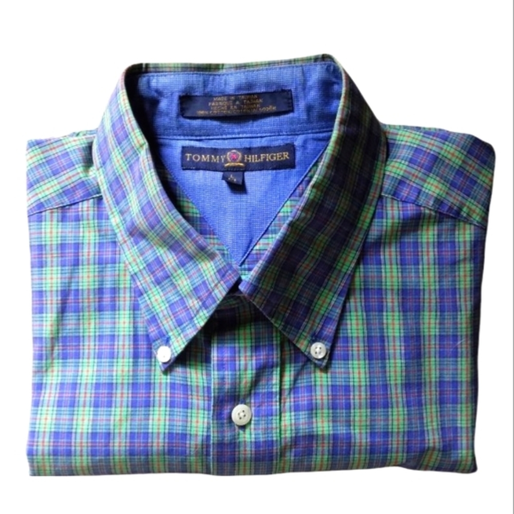 Tommy Hilfiger blue, green, red plaid short sleeve shirt with crest size large - Picture 1 of 10